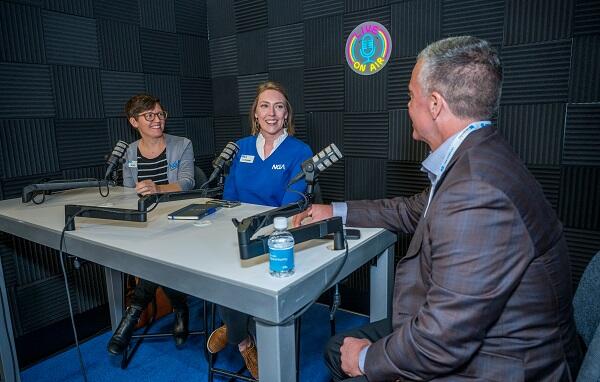 Katy Devlin and Sara Neiswanger interviewing experts in the GlassBuild Podcast Studio