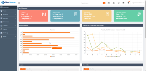 Dashboard showing GlassManager Software