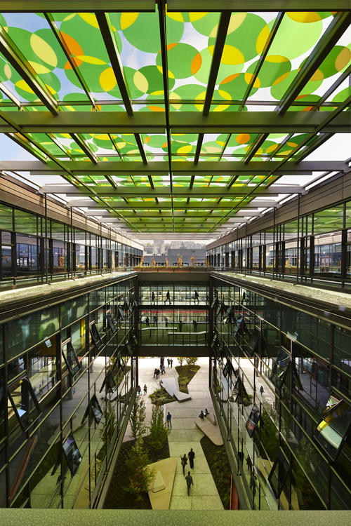 colorful interior glass ceilings and walls in office building