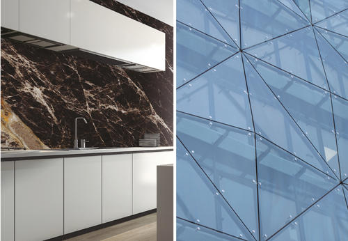 glass kitchen backsplash on left, glass facade on right