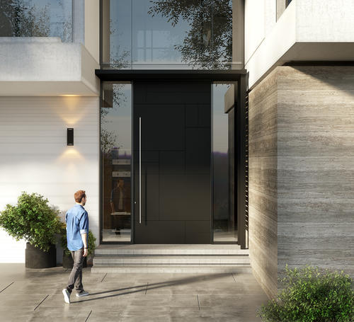 person approaching home with multi-story entrance